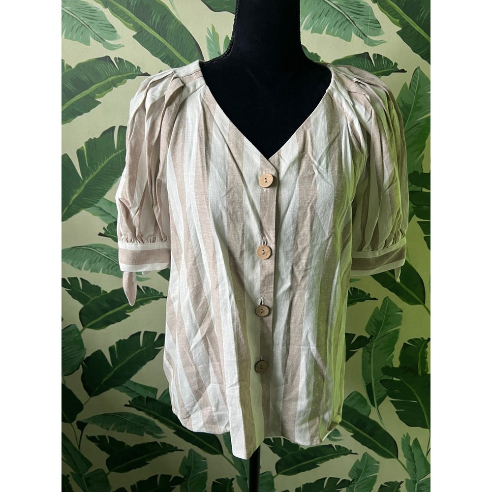 LC‎ Lauren Conrad Striped Linen Blend Button Front Top Womens Small Tan White